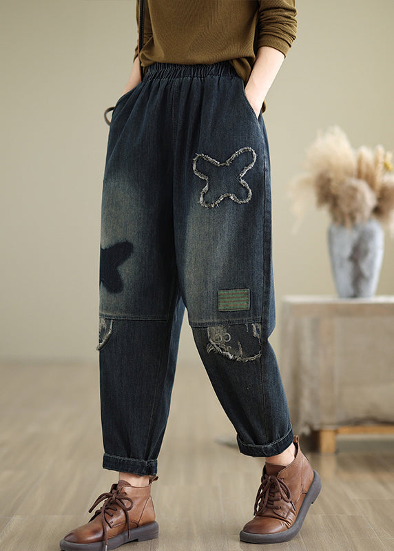 Navy Pockets Elastic Waist Denim Pants Fall