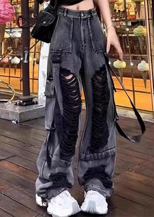 Black Pockets Ripped Denim Pants Trousers Fall