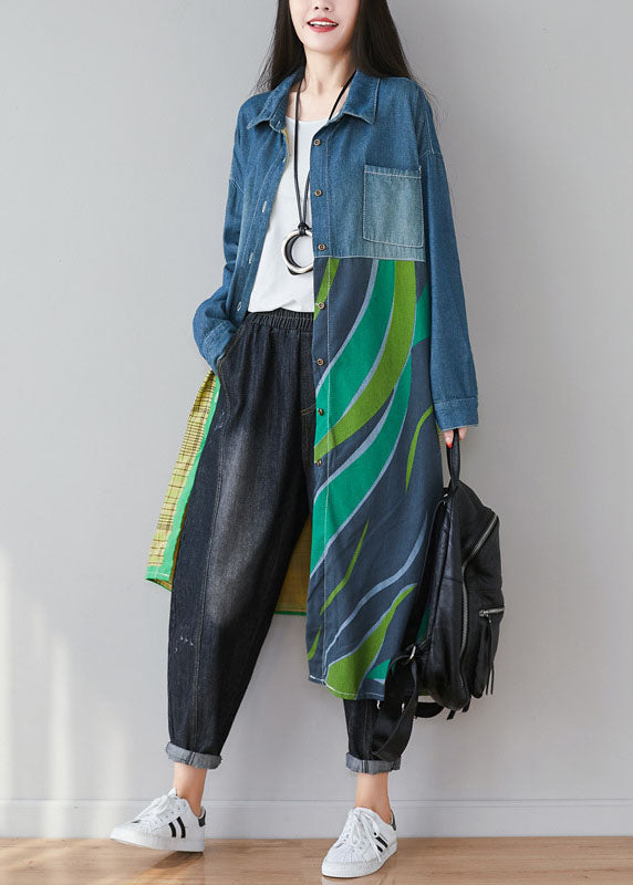 Blue Asymmetrical Patchwork Print Cotton Denim Trench Coats Spring