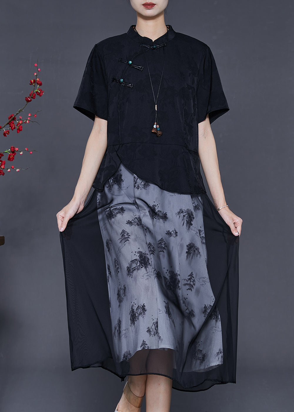 Black Chinese Button Patchwork Chiffon Dresses Summer