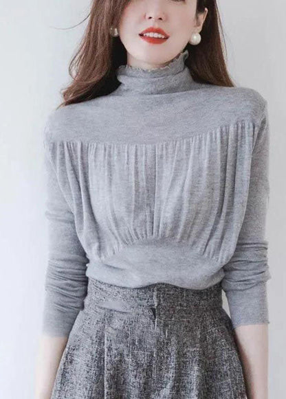 Grey Stand Collar Ruffled Brief Fall Knitted Top