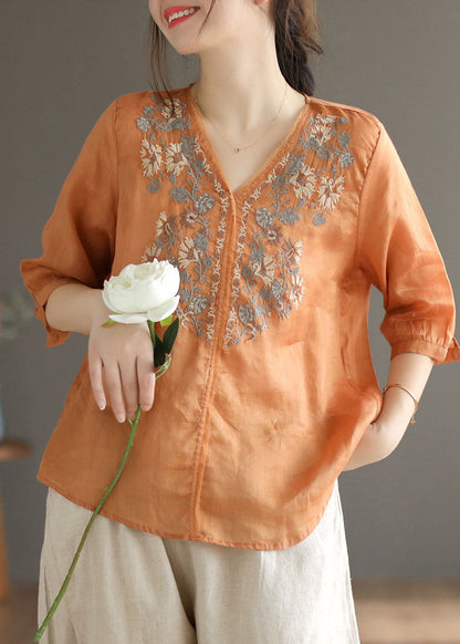 Orange V Neck Embroideried Linen Blouse Top Half Sleeve