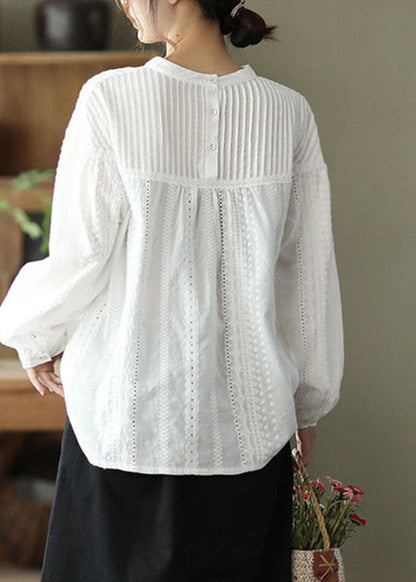 White Hollow Out Patchwork Wrinkled Cotton Tops Fall