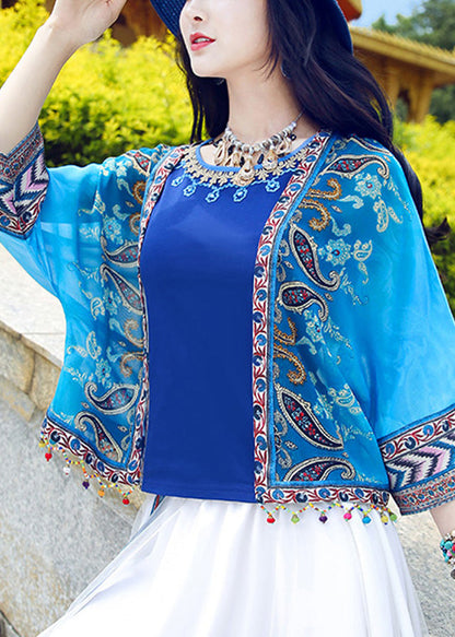 Blue V Neck Print Tassel Cardigan Summer