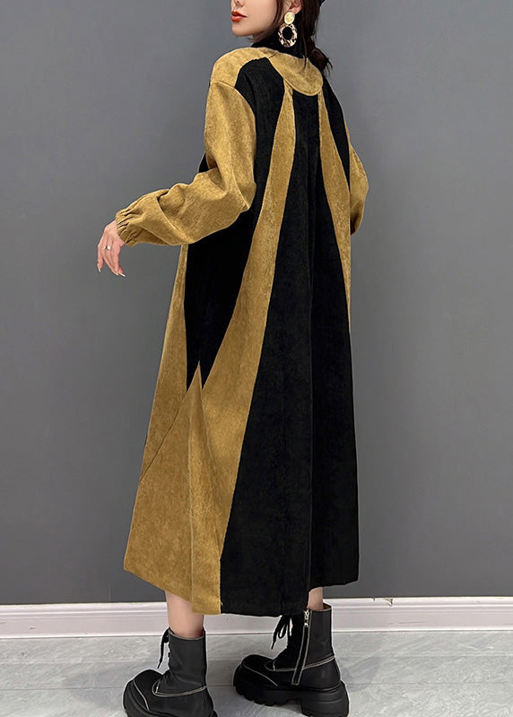 Black Patchwork Yellow Zippered Long Coat Spring