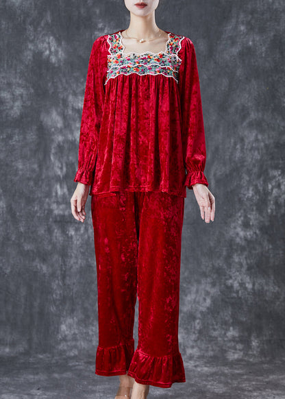 Red Embroideried Patchwork Silk Velour Two Piece Set Fall