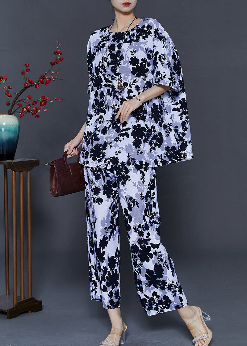 Art White O-neck Leaf Print Cotton Two Pieces Set Summer