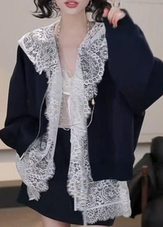 New Navy Hooded Lace Shirts Coat and Skirts Cotton Three Pieces Set Fall