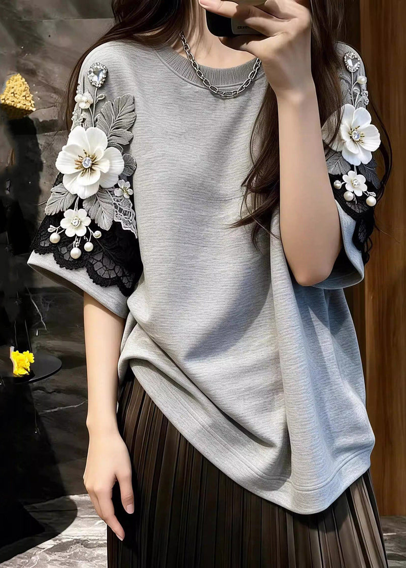Boutique Grey Nail Bead Tops Short Sleeve
