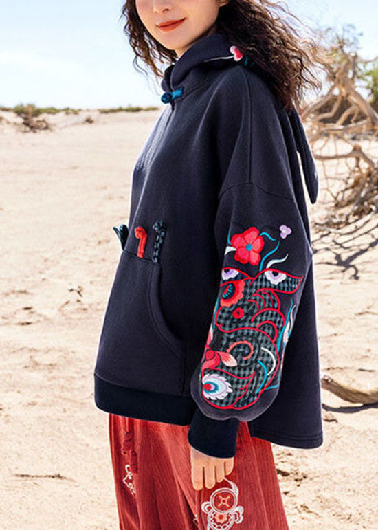 Diy Black Embroideried Pockets Warm Fleece Pullover Spring