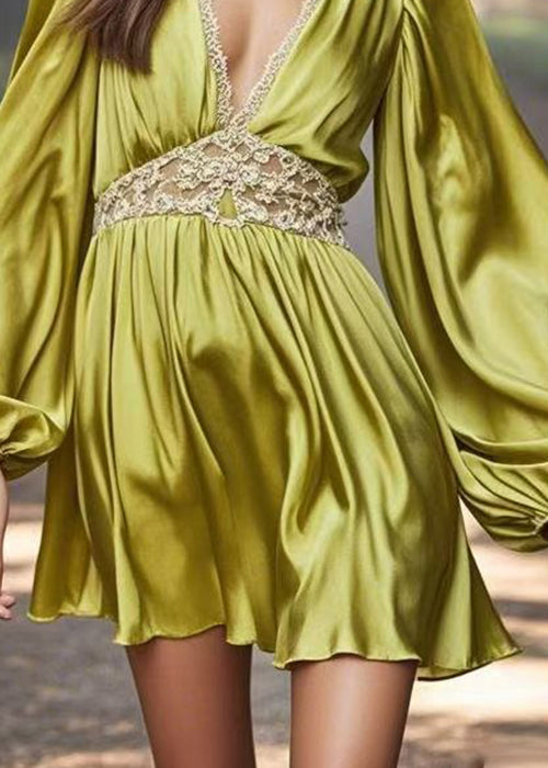 Stylish Green V Neck Patchwork Silk Mid Dress Spring