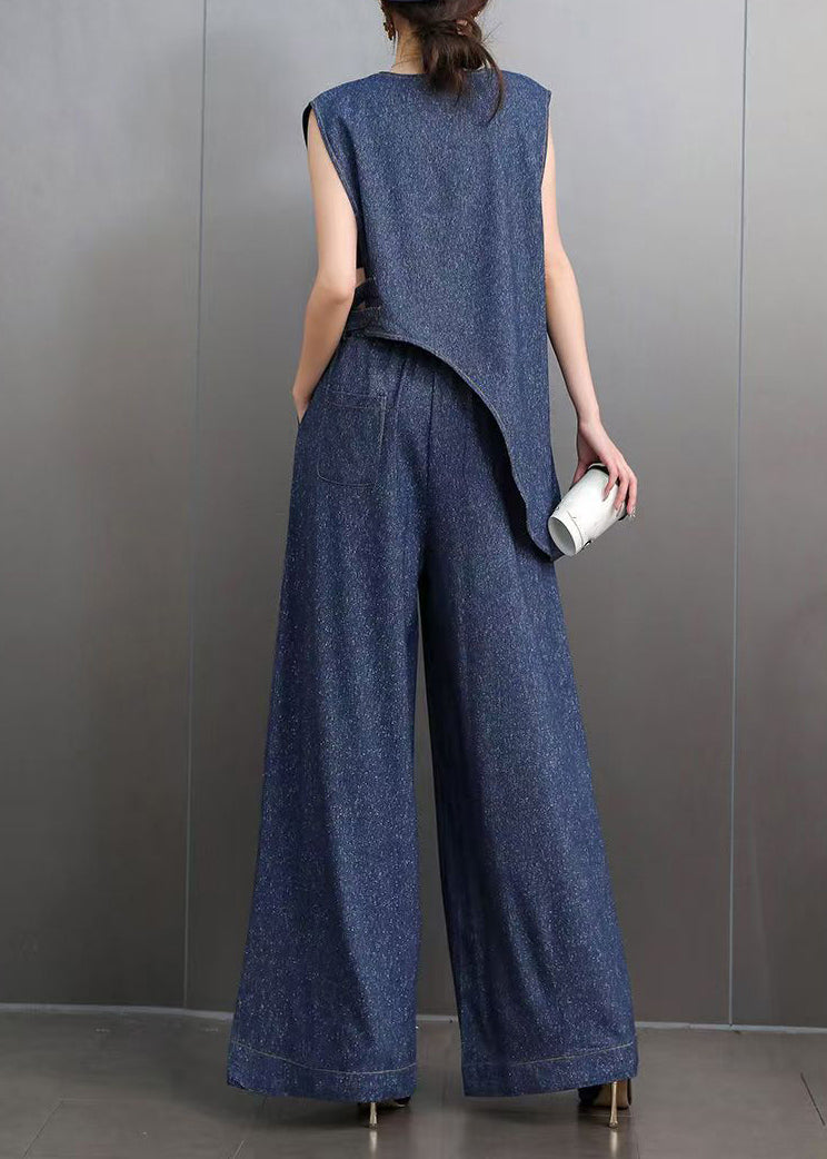 Blue O-neck Navy Asymmetrical Denim Top and Wide Leg Pants Two Pieces Set Summer