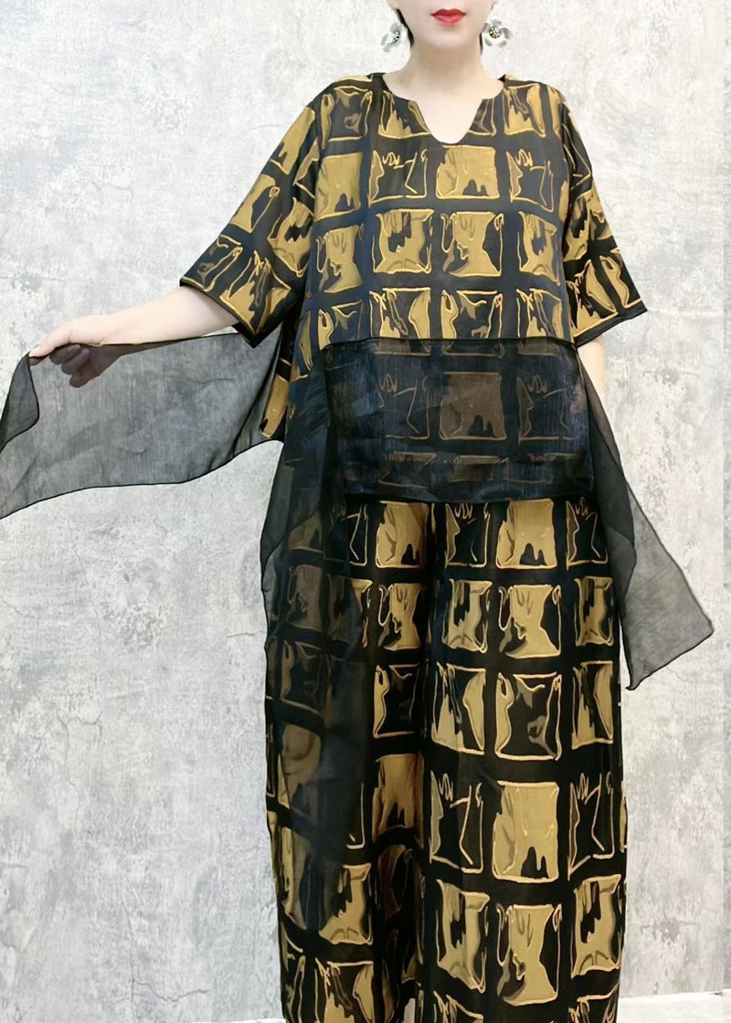 Loose Gold Ruffled Print Tops and Pants Cotton Two Pieces Set Summer