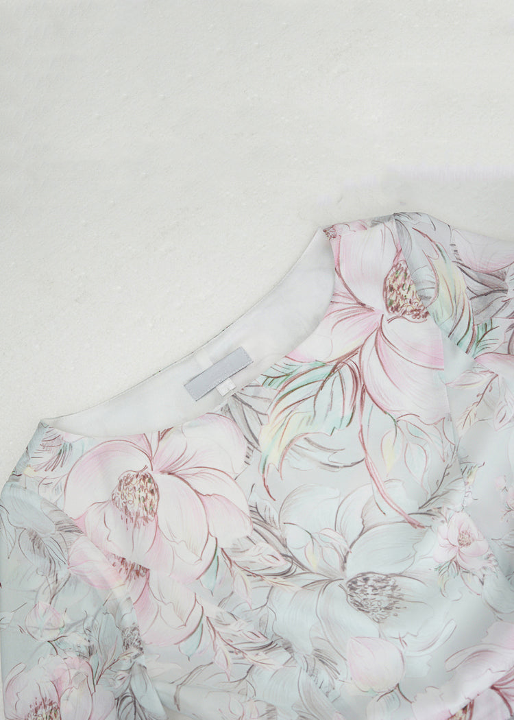 Light Blue Print Wrinkled Chiffon Ankle Dress Fall
