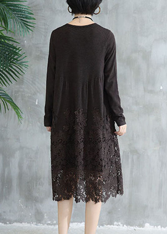Coffee O Neck Wrinkled Lace Patchwork Knit Dress Fall
