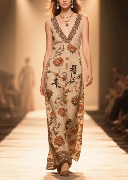 Handmade Coffee V Neck Print Cotton Straight Dress Sleeveless