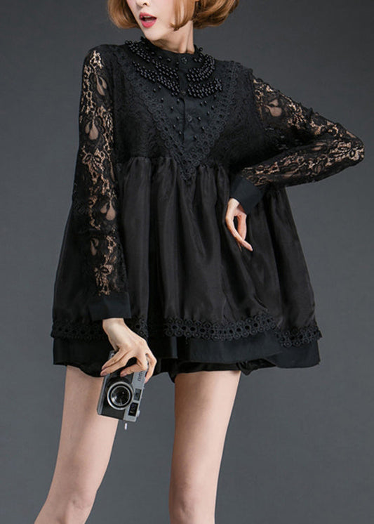 Organic Black Nail Bead Patchwork Lace Shift Dress Spring