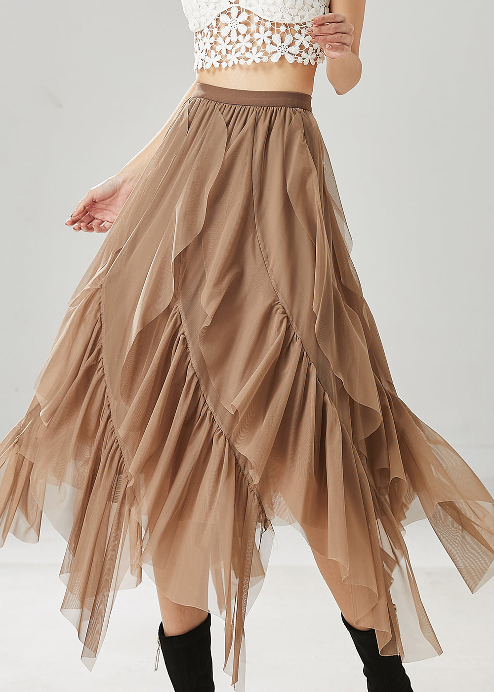 Khaki Layered Ruffleds Chiffon Skirt Summer