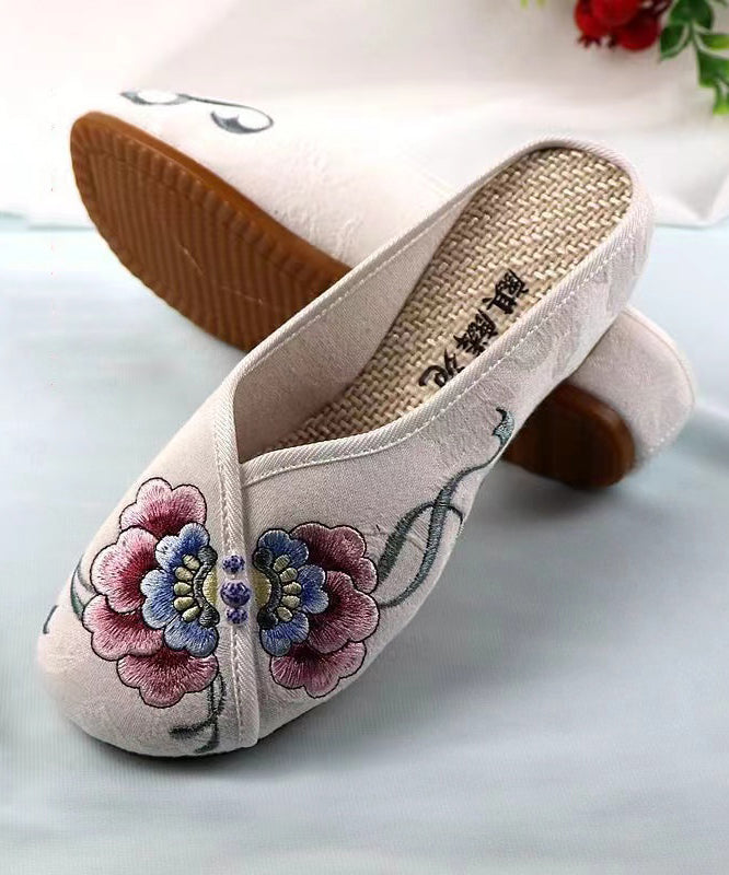 White Wedge Cotton Fabric Embroidery Slide Sandals
