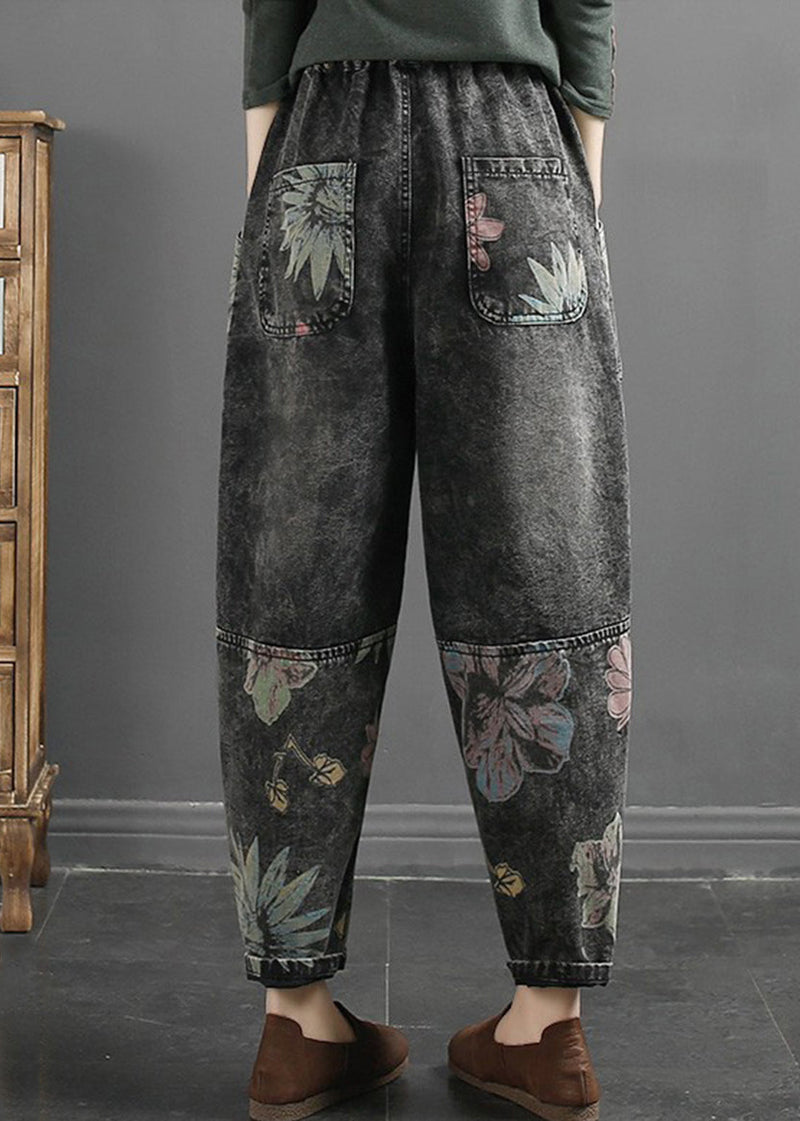 Black Grey Pockets Print Patchwork Denim Pants Fall