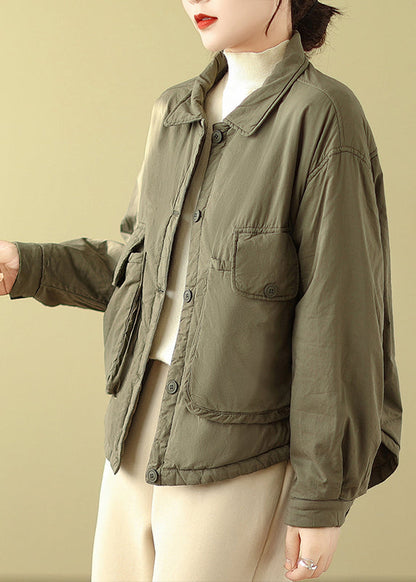 Army Green Peter Pan Collar Pockets Fine Cotton Filled Jacket Winter