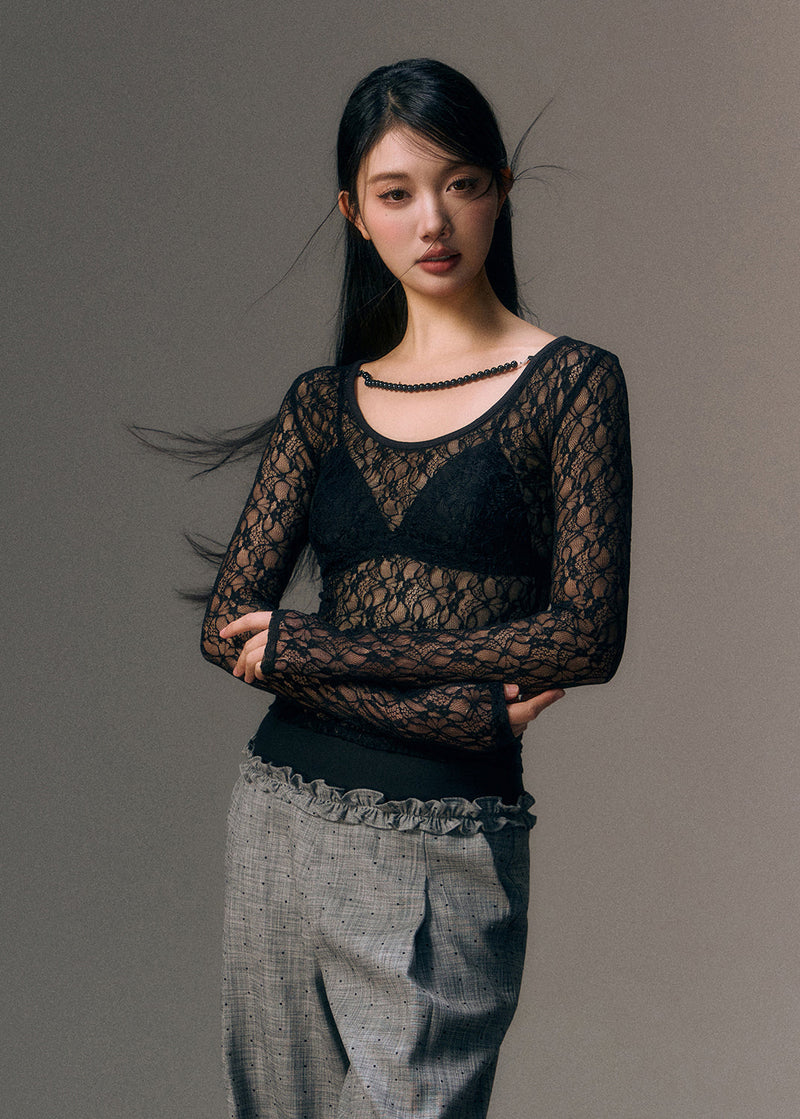 Black Bead Chain Linked Lace Top Fall
