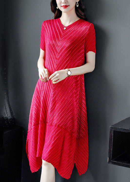 Red Color V Neck Wrinkled Silk Long Dress Short Sleeve