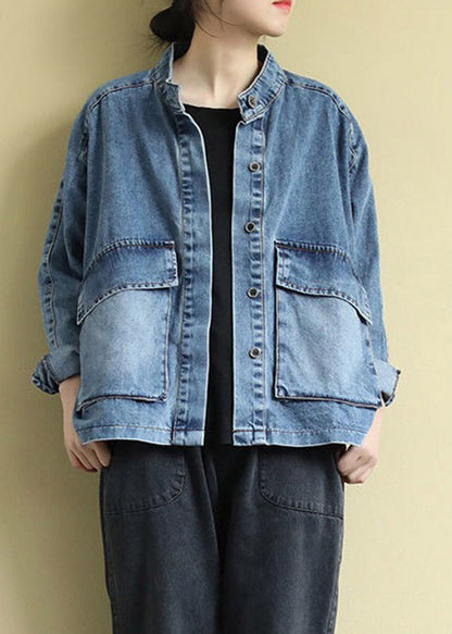 Blue Stand Collar Patchwork Button Denim Coats Long Sleeve