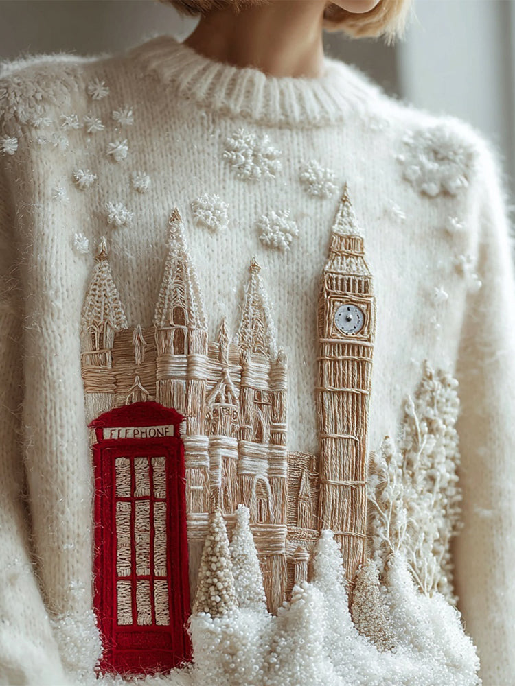 Vintage Christmas Snowy London Embroidered Cozy Sweater artswardrobe