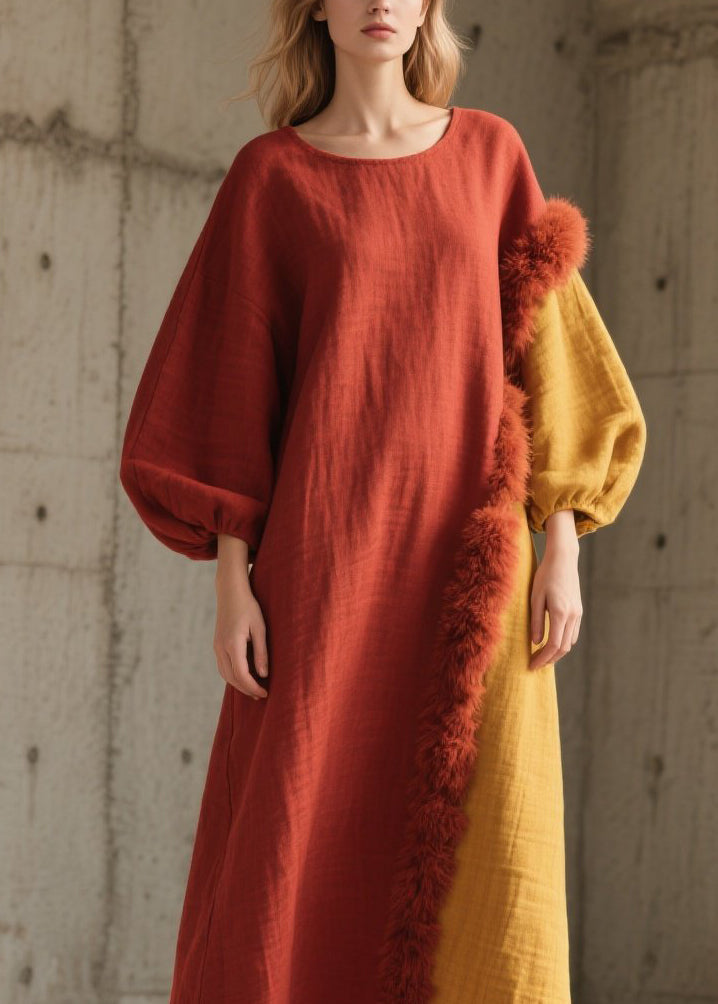 Colorblock Fuzzy Fur Fluffy Patchwork Cotton Long Dress Fall