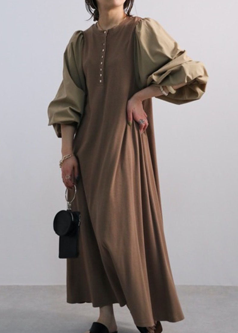Coffee O Neck Patchwork Cotton Dress Lantern Sleeve