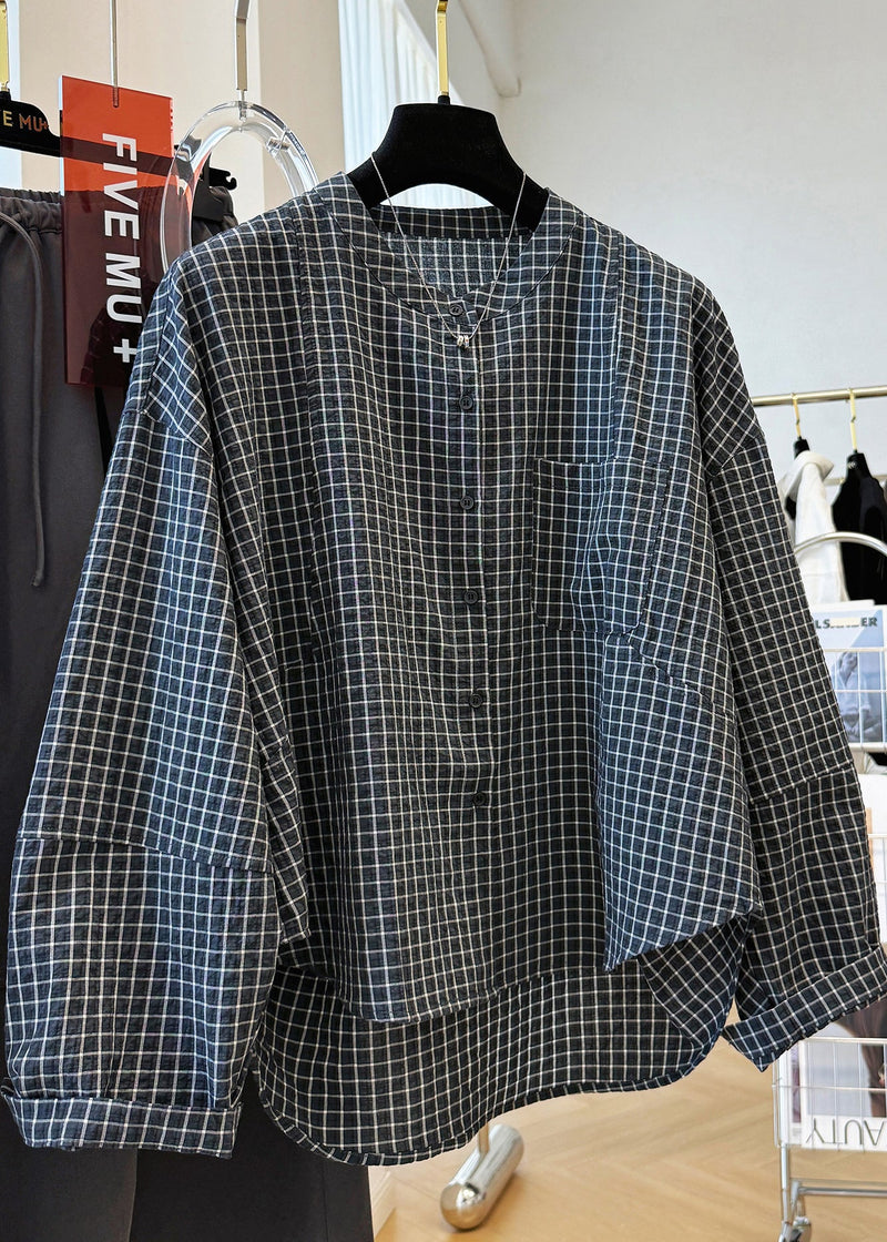 Black Plaid Stand Collar Pockets Cotton Shirt Top Fall