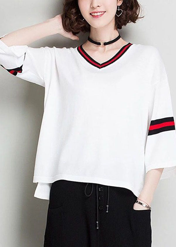 White V Neck Oversized Knit Tops Bracelet Sleeve