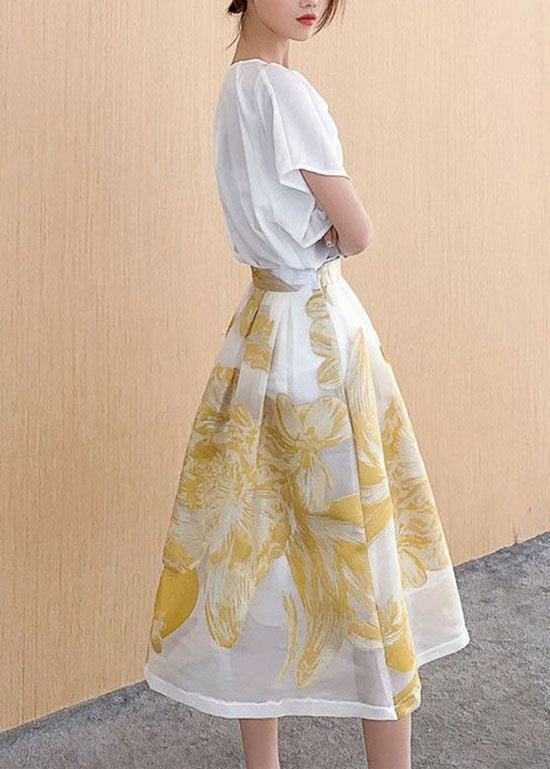 Yellow Wrinkled Patchwork Embroideried Tulle Skirt Summer