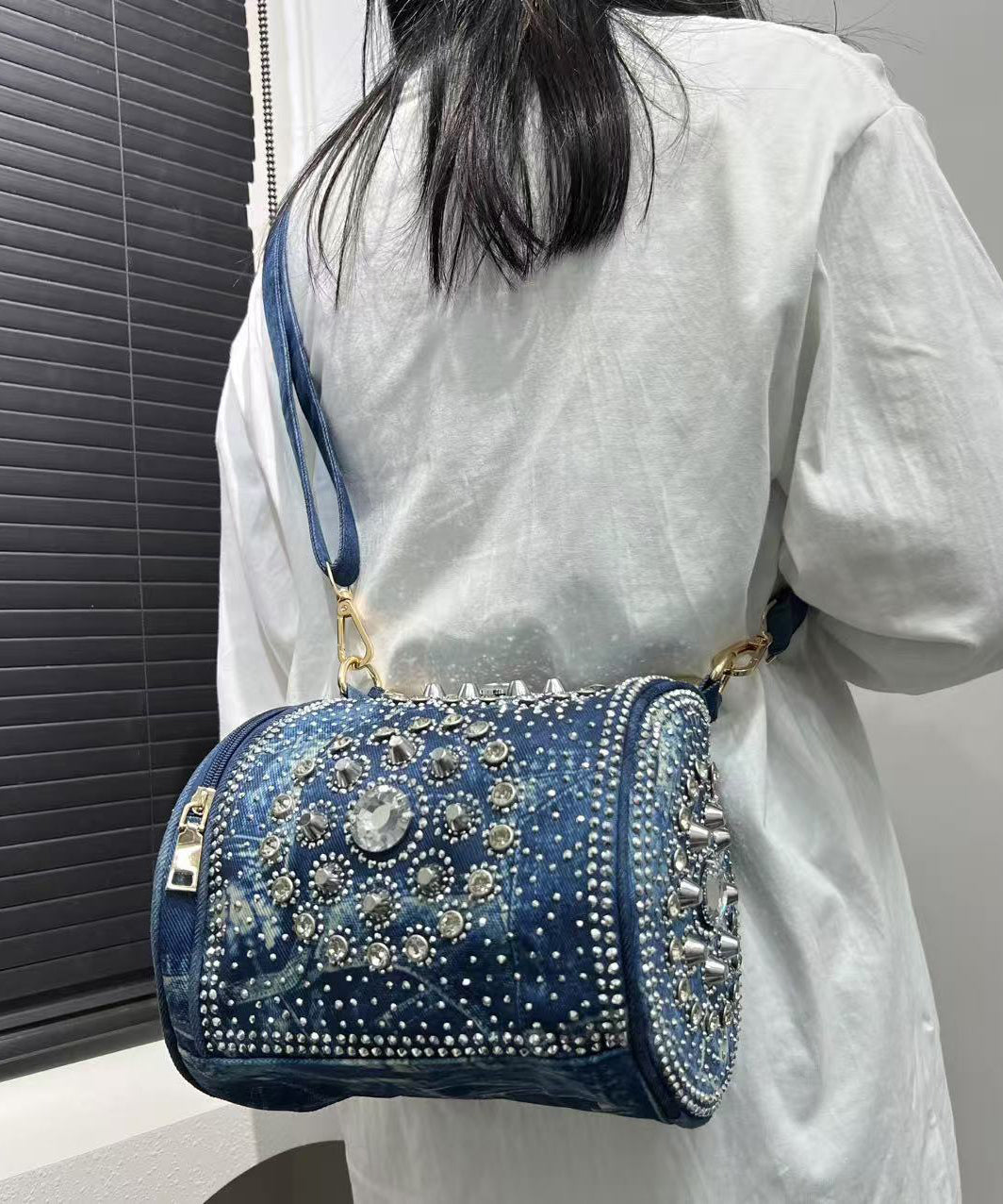 Blue Rivet Zircon Denim Tote Handbag
