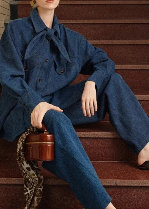 Denim Blue Peter Pan Collar Button Shirt and Pants Two Pieces Set Spring