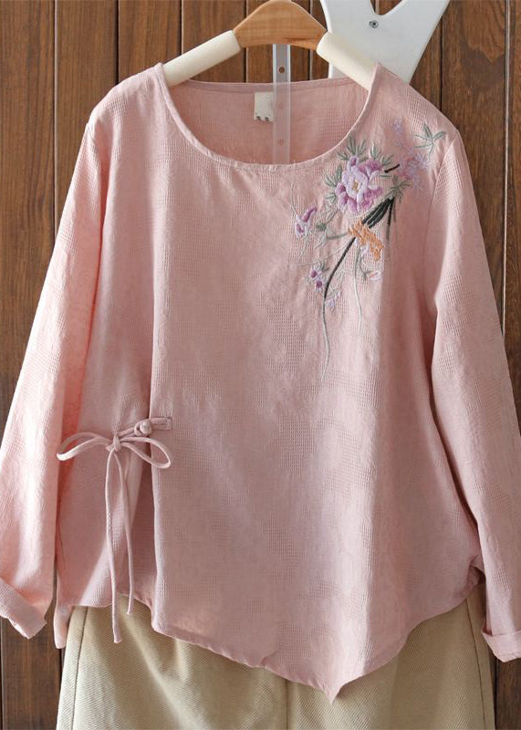 Purple Embroidered Lace Up Cotton Blouses Long Sleeve