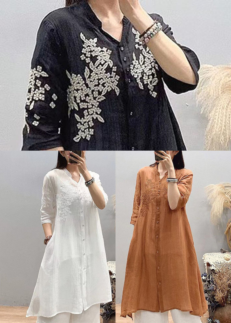 Orange Embroideried Linen Long Shirt Asymmetrical Design Three Quarter Sleeve