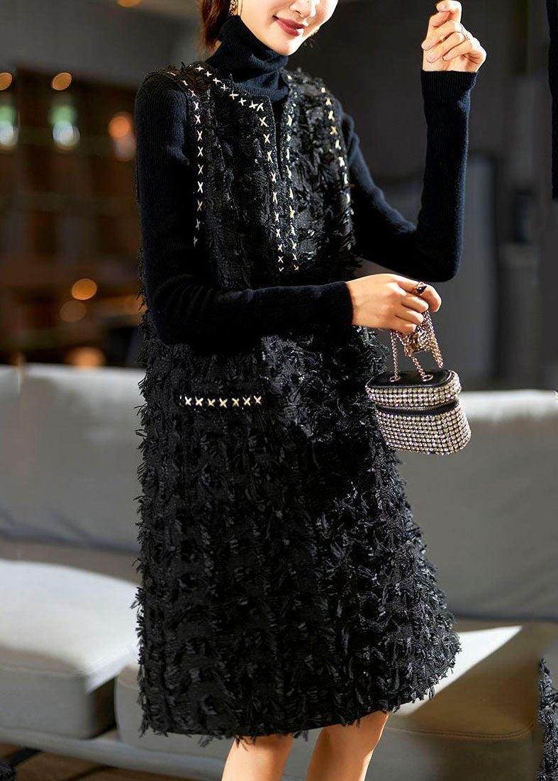 Black V Neck Patchwork Tassel Mid Dress Fall