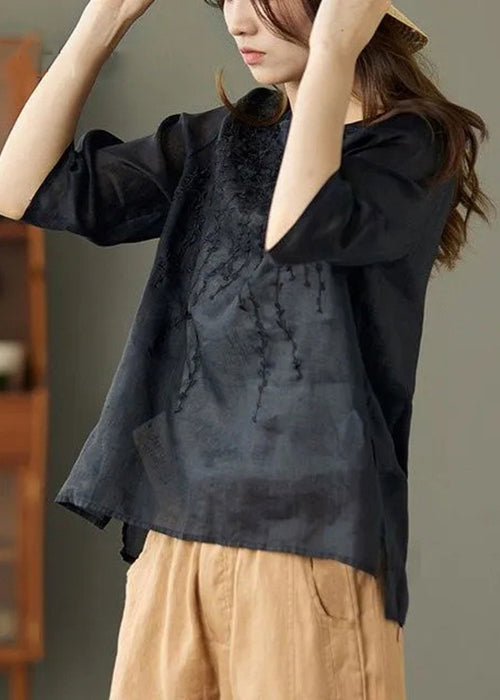 Black O Neck Embroideried Patchwork Linen T Shirt Summer