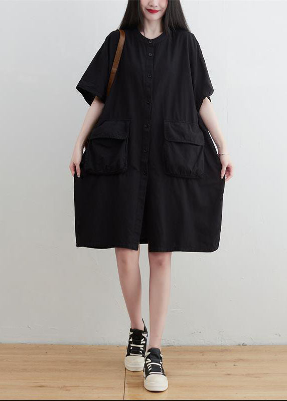 Black O-neck Pockets Button Linen Dresses Short Sleeve
