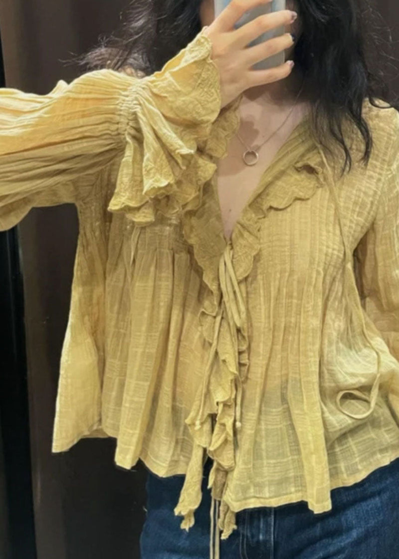 Diy Yellow V Neck Tie Lace Shirt Fall