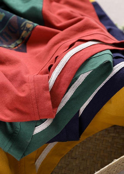 Loose Red Patchwork O-neck Cotton Half Sleeve Top Summer