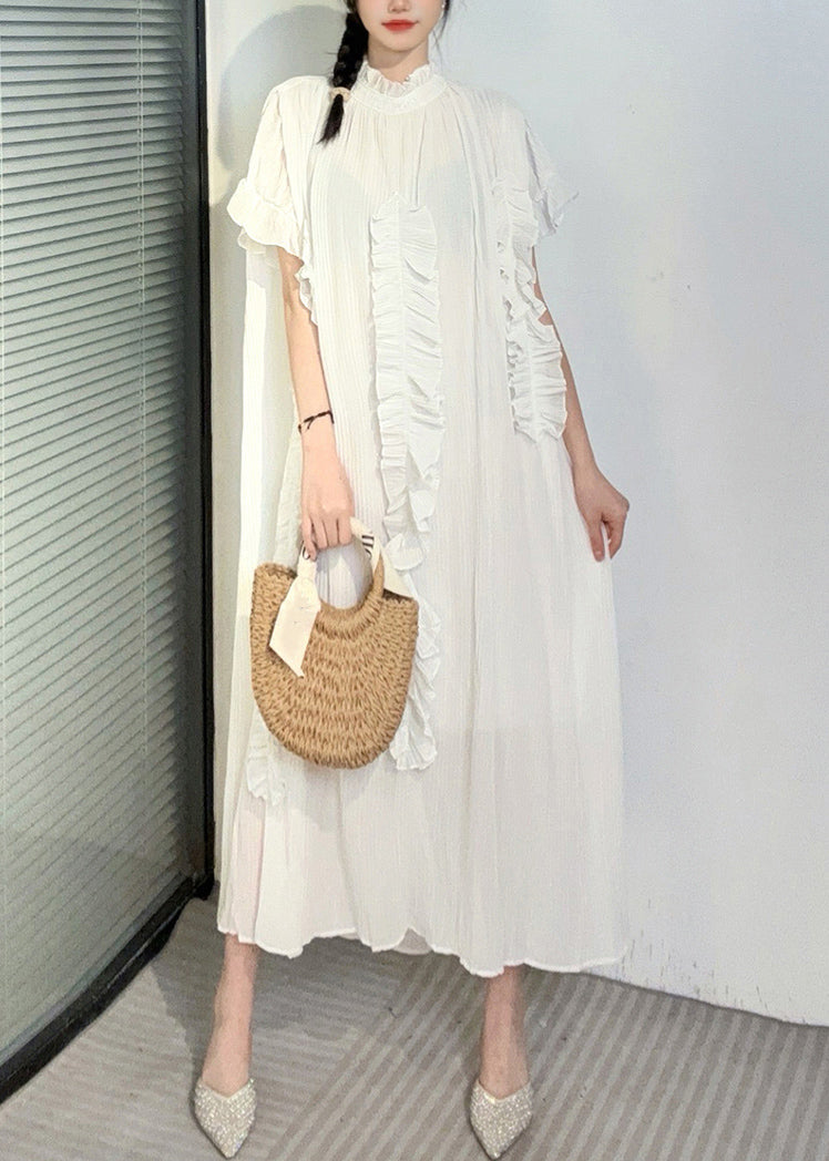 White Turtleneck Ruffled Patchwork Long Dresses Short Sleeve