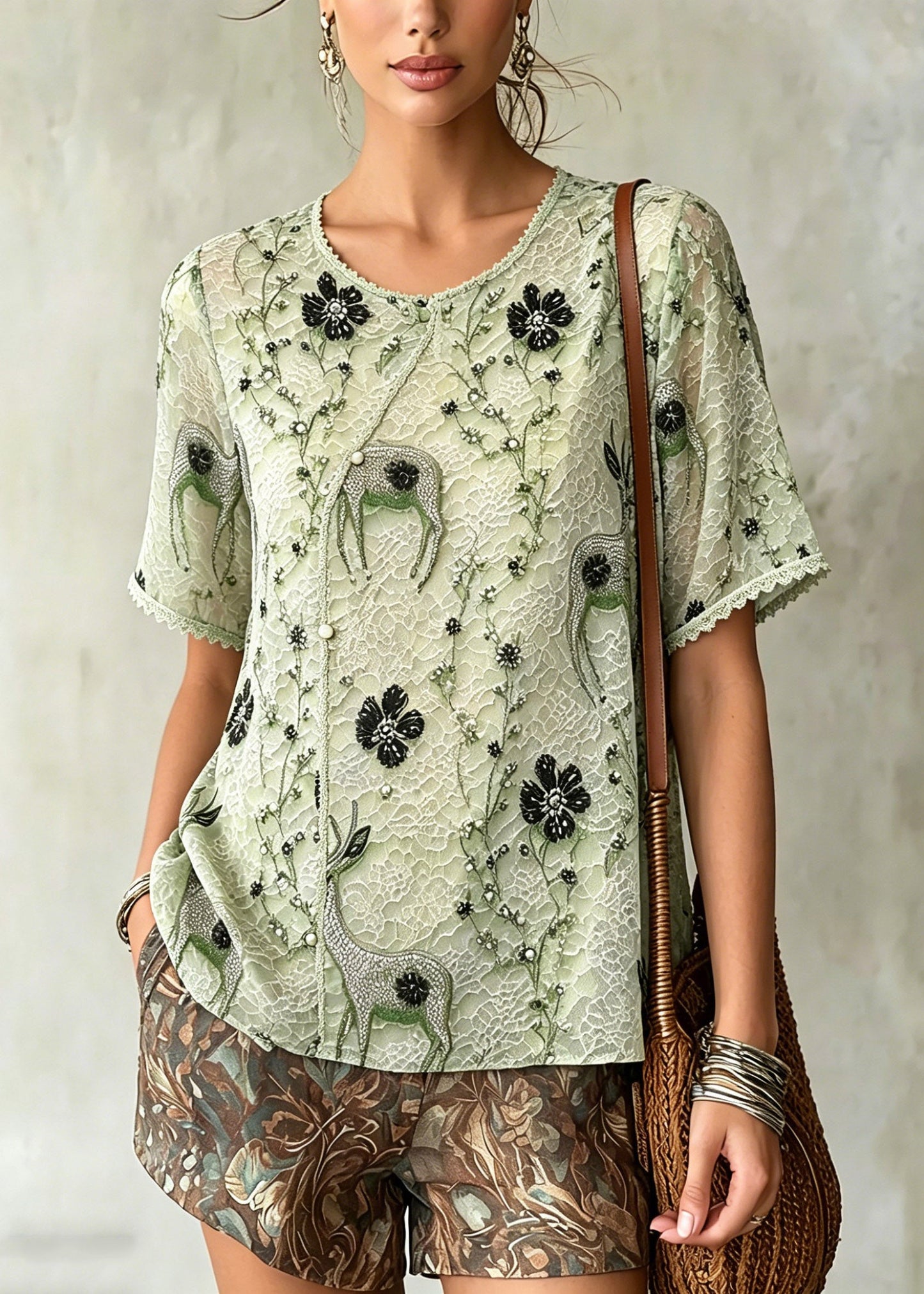Boutique Green O-neck Patchwork Chiffon T Shirts Summer