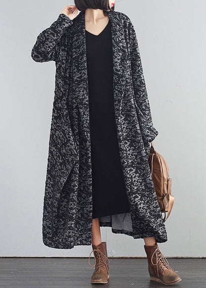 Black V Neck Print Button Trench Coats Fall