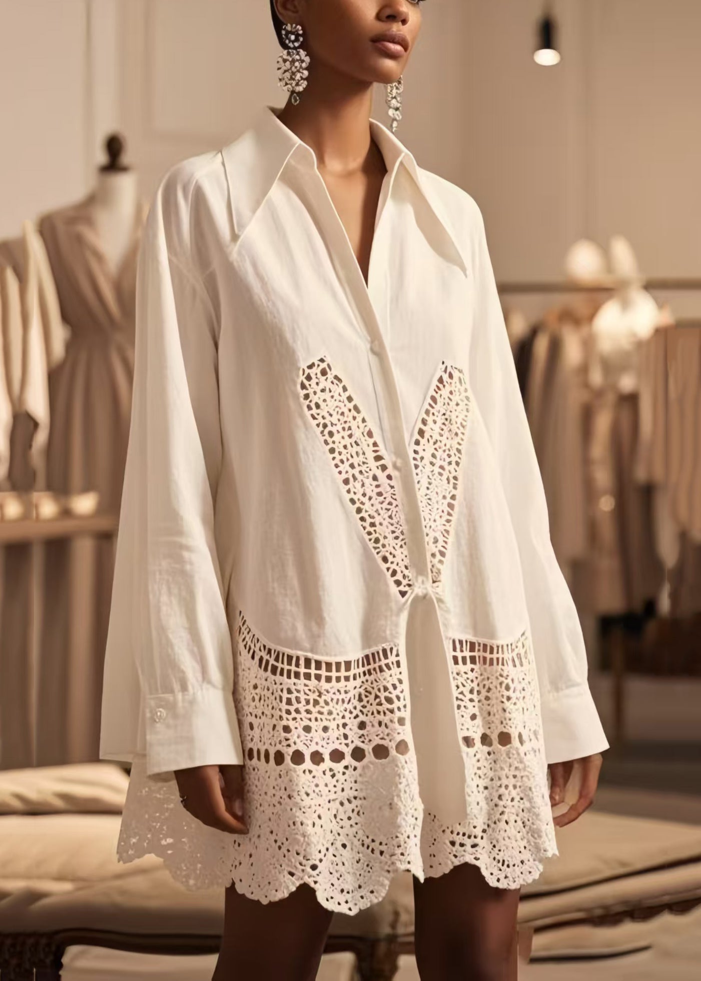 White Oversized Hollow Out Cotton Shirt Tops Spring