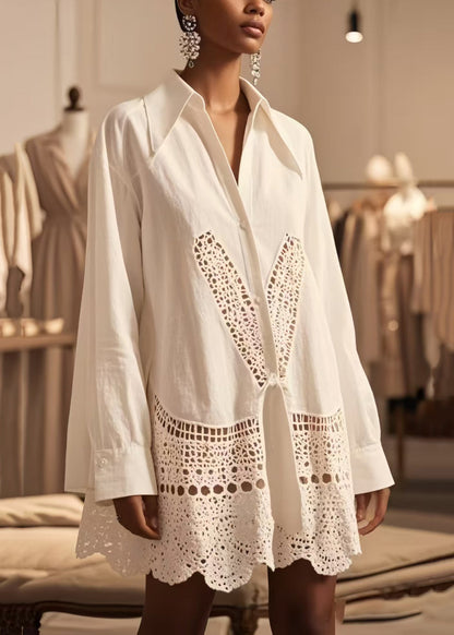 White Oversized Hollow Out Cotton Shirt Tops Spring