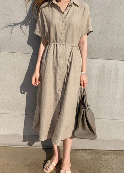 Khaki Peter Pan Collar Cinched Shirts Dress Short Sleeve