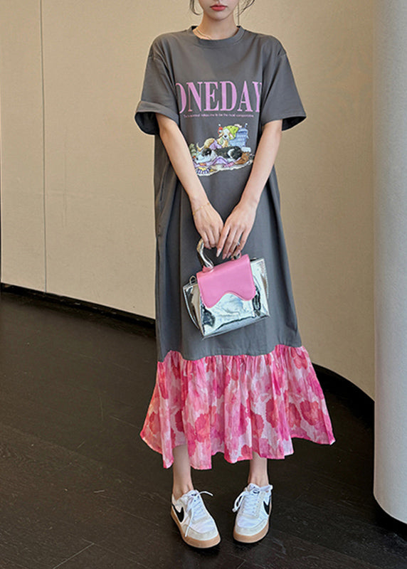 Loose Grey O-neck Print Chiffon Patchwork Long Dress Summer